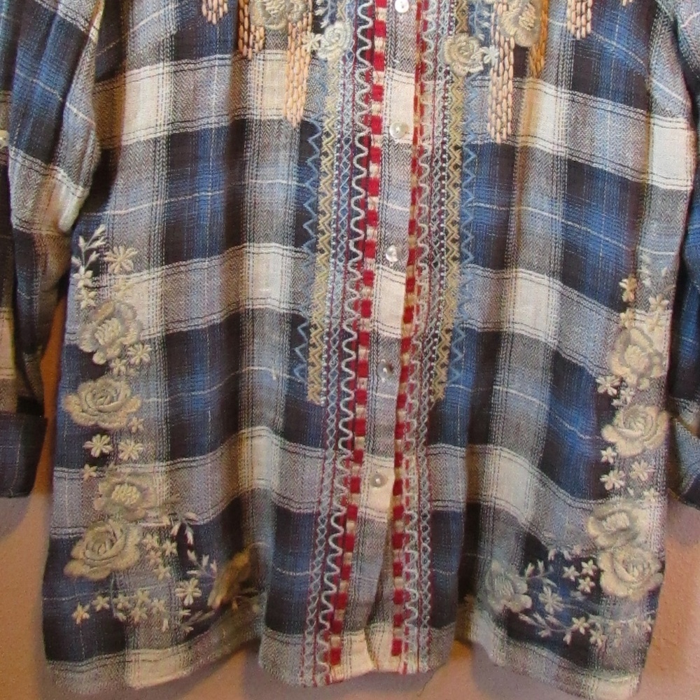 Paparazzi Blue Plaid Button Down Shirt with Embroidery - Picture 4 of 7